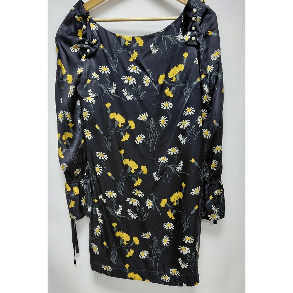 Mother of Pearl Silk Dress Black Boat Neck Knee Length Long Sleeve Size M